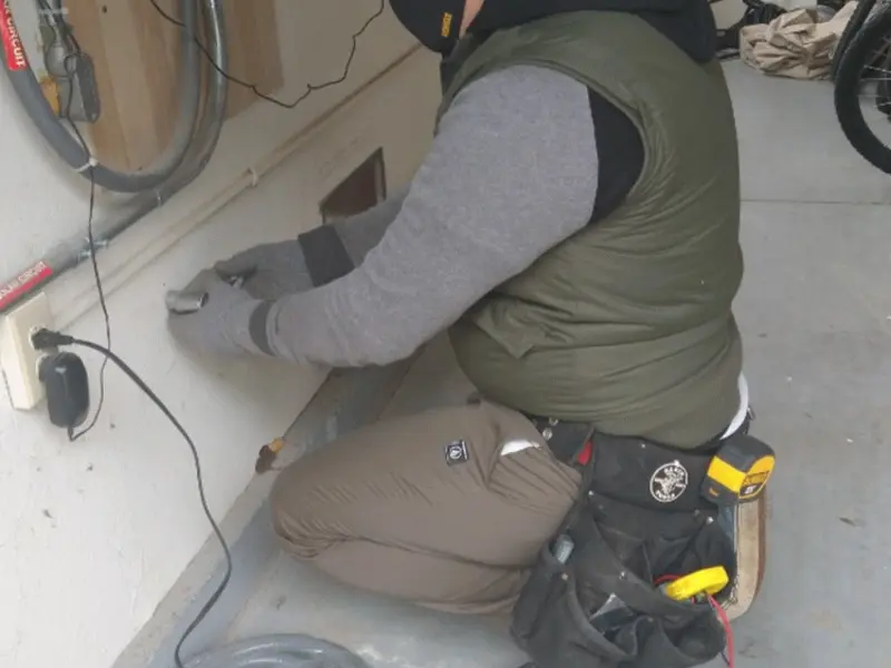 Electrician performing outlet wiring in a Pine Island garage